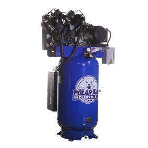 Polar Air Silent Air Industrial Plus 10HP 38CFM 3- Ph 208V 2-Stage 80 Gal. Vertical Stationary Electric Air Compressor-W/ Pressure Lube Pump , Isolator Pads, Belt Tensioner, Continuous Run, Auto Drain