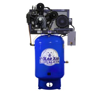 Polar Air Industrial Plus 15HP 3CYL 57CFM 3- Ph 460V 2-Stage 120 Gal. Vertical Stationary Electric Air Compressor-W/ Pressure Lube Pump , Isolator Pads, Belt Tensioner, Continuous Run, Auto Drain