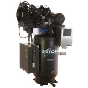 Eaton Hydro SMART AIR® Silent Air Industrial 10HP 38CFM Single or Three Phase 208 Volt 2-Stage 80 Gal. Vertical Stationary Electric Air Compressor-W/ Pressure Lube Pump , Isolator Pads, Belt Tensioner, Continuous Run, Auto Drain, Water cooled pump, Radiator, Smart PLC, low Oil Shutdown, 100% Duty Cycle,with Ethernet Cable Connection