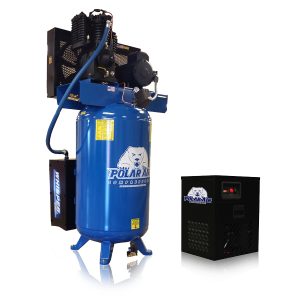 Polar Air Silent Air Industrial Plus 5HP 19CFM 1 Ph  2-Stage 80 Gal. Vertical Stationary Electric Air Compressor-W/ Pressure Lube Pump , Isolator Pads, Belt Tensioner, Continuous Run, Auto Drain w/ 30CFM Dryer