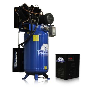 Polar Air Silent Air Industrial Plus 7.5HP 31CFM 1- Phase 2-Stage 80 Gal. Vertical Stationary Electric Air Compressor-W/ Pressure Lube Pump , Isolator Pads, Belt Tensioner, Continuous Run, Auto Drain w/ 30CFM Dryer