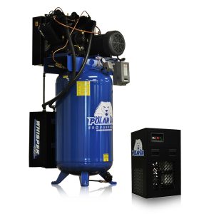 Polar Air Silent Air Industrial Plus 10HP V4 38CFM 1- Phase 2-Stage 80 Gal. Vertical Stationary Electric Air Compressor-W/ Pressure Lube Pump , Isolator Pads, Belt Tensioner, Continuous Run, Auto Drain w/ 58CFM Dryer