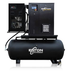 Eaton 7.5HP 3PH 24CFM Fixed Speed Industrial Rotary Screw Compressor mounted on a 120 Gal horizontal Tank swingarm 30CFM Air Dryer