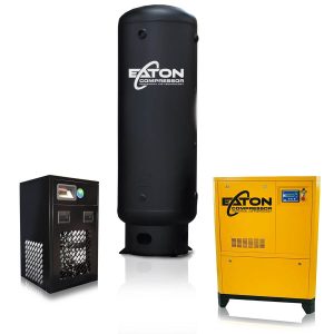 Eaton 50HP 3PH 208V 235CFM Rotary Screw Package :: 288CFM Dryer :: 240 Gallon Vertical Tank - Flat Black w/ Auto Drain
