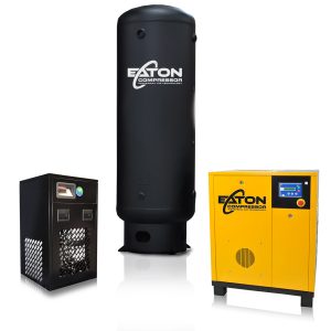 Eaton 60HP 3PH 208V 261CFM Rotary Screw Package :: 288CFM Dryer :: 240 Gallon Vertical Tank - Flat Black w/ Auto Drain