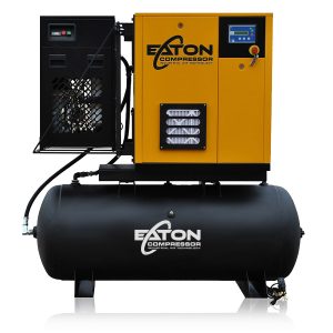 Eaton 5HP Single Phase 20CFM Energy Efficient Variable Speed Rotary Screw Swing Arm :: 30CFM Dryer :: 120 Gallon Horizontal Tank -  w/ Auto Drain & Hydraulic Hose